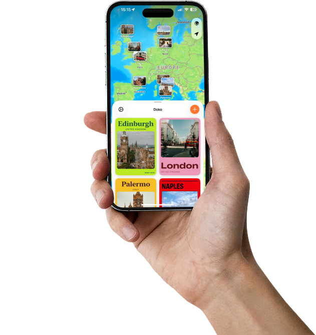 A hand holding an iPhone with Doko’s map and saved place collections, including Edinburgh, London, Palermo and Naples.